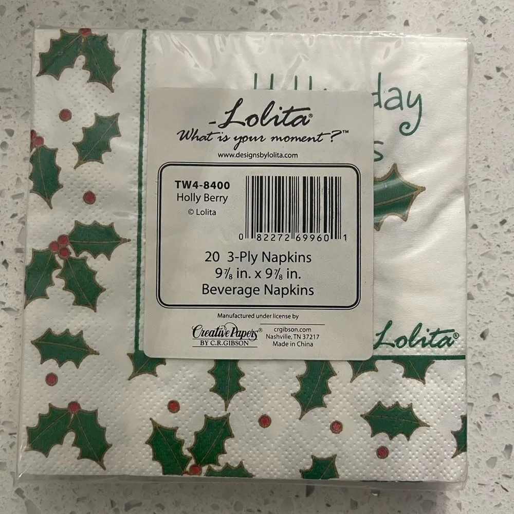Lolita Holly Berry TW4-8400 White Green 20-Count 3-Ply Beverage Napkins 9”x9”